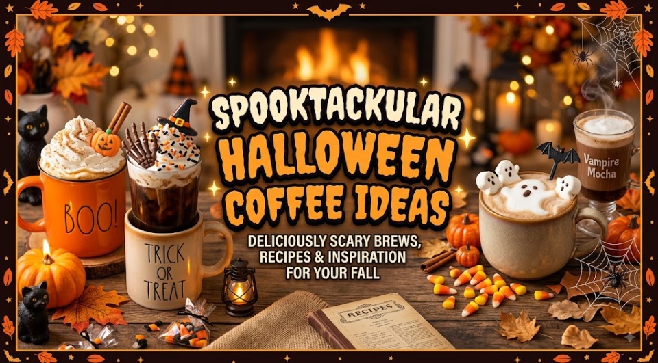 A cozy, Halloween-themed coffee banner featuring festive mugs with ghost latte art, whipped cream, candy corn, and pumpkins against a warm fireplace backdrop, titled Spooktacular Halloween Coffee Ideas.